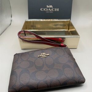 Coach Brown Wristlet with Red Strap and Interior NWT
